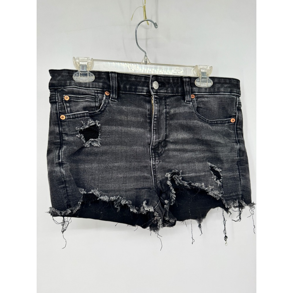 American Eagle High Rise Shortie Women 10 Black Good Distressed Raw Hem Denim